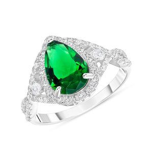 Sterling Silver 925 Rhodium Plated Emerald Center Stone Tear Shape Ring